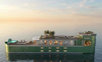 an artist's rendering of a green houseboat floating in the water