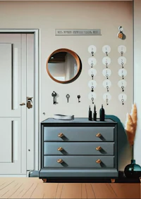 a drawing of a room with a dresser and a mirror