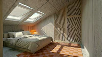 an attic bedroom with a wooden floor and skylights